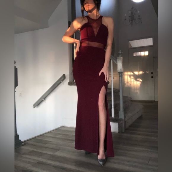 Deep Red Mesh Cut Out Formal Dress - Picture 3 of 11